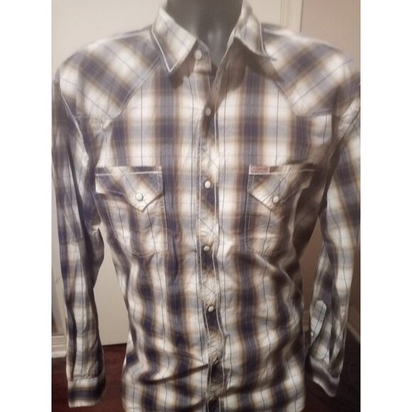 Rafter C Pearl Snap Button Shirt Men's XL Blue/Brown Plaid Western Long Sleeve - Picture 1 of 10